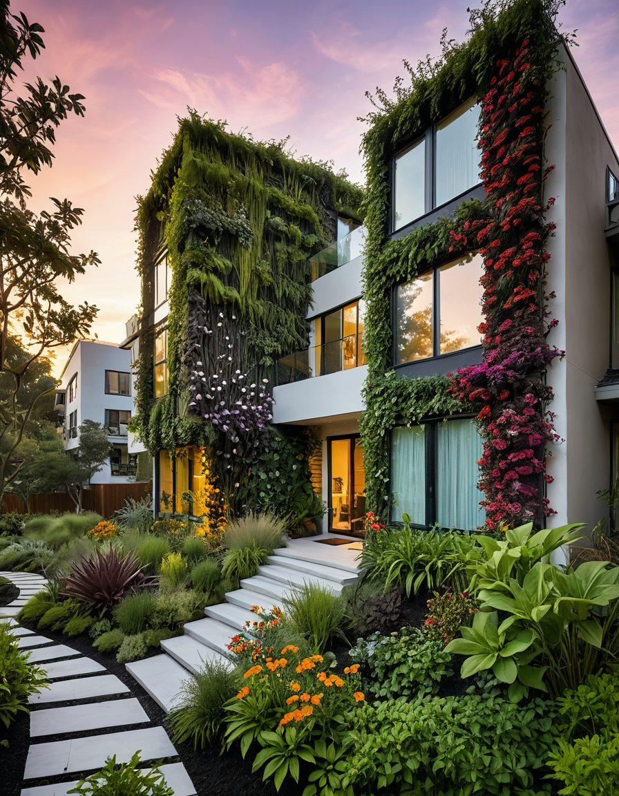 A serene landscape featuring lush greenery, solar panels integrated into a modern home, a vertical garden thriving with flowers, and a community of people planting trees together. The scene should convey hope and sustainability with a bright sunrise illuminating the environment, showcasing innovative eco-friendly practices. vibrant colors. painting.