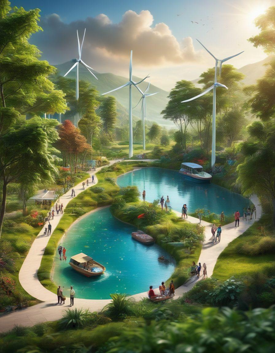 A dynamic scene of diverse people from different cultures engaged in sustainable activities, like planting trees, using solar panels, and recycling, set against a backdrop of lush green landscapes and clean water. Integrate modern technology elements like wind turbines and eco-friendly vehicles to emphasize innovation. Use vibrant colors to depict hope and collaboration for planetary health. super-realistic. bright environment. uplifting mood.