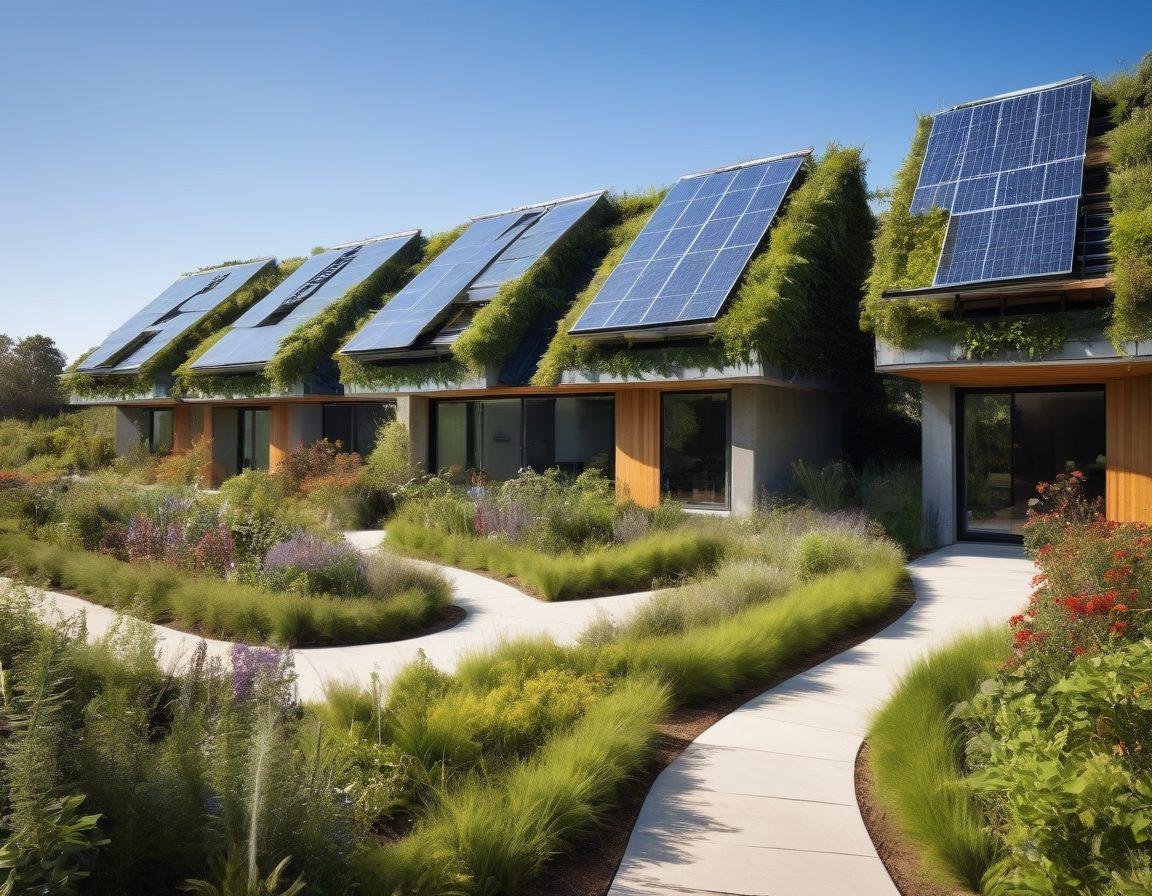 A serene landscape showcasing innovative eco-friendly homes surrounded by lush greenery, solar panels, and vertical gardens. Include diverse people engaging in sustainable practices like biking, composting, and planting trees, with a clear blue sky above. Focus on harmony between nature and technology, illustrating a vibrant, sustainable future. bright colors. super-realistic. eco-friendly theme.